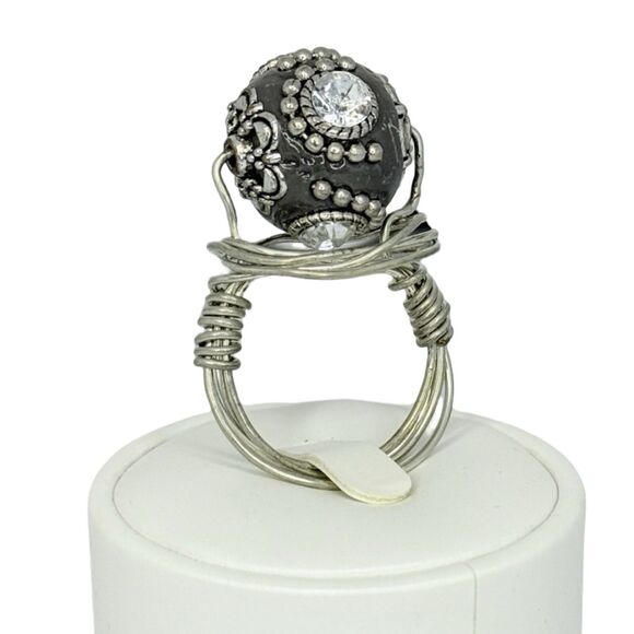 Rhinestone Spinner Cocktail Ring Sz 10 Silver Tone Boho Artesian Bohemian - Picture 6 of 14